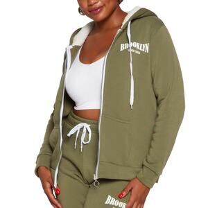 Love Brooklyn Good Vibes Sherpa Lined Zip Front Hoodie in Green, Size M​​​
